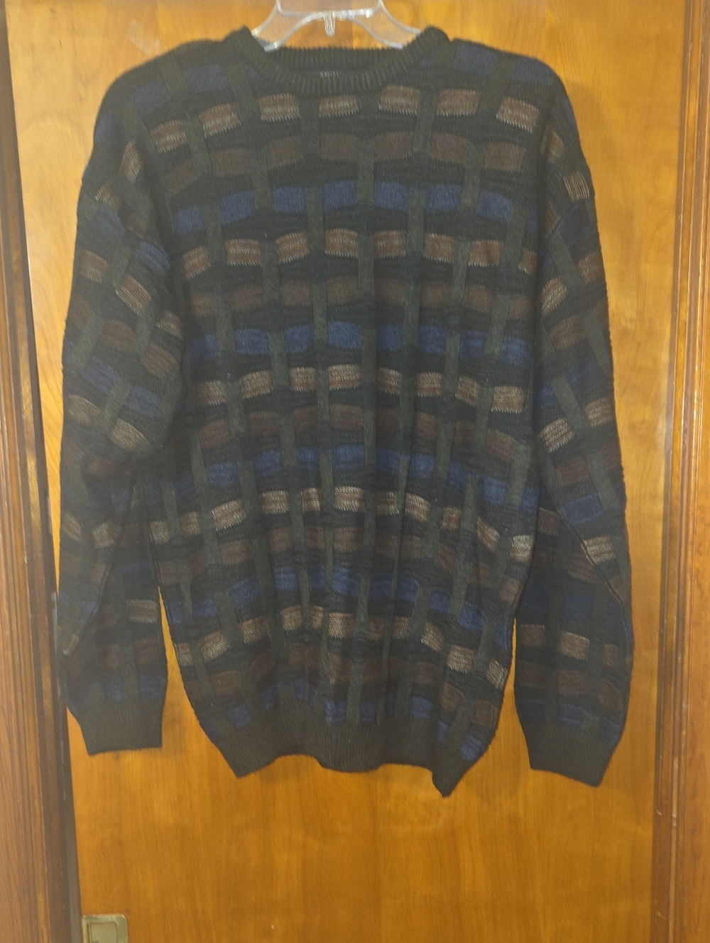 Men's Crewneck Sweater in Black with Blue and Brown Pattern